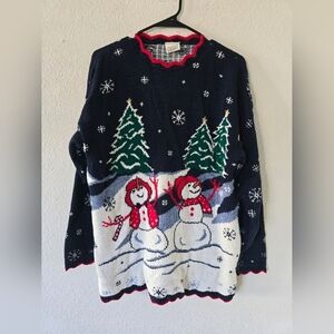 VTG Snowman Sweater Women L Christmas Tree Large Holiday Flake Knit 90s Colorful